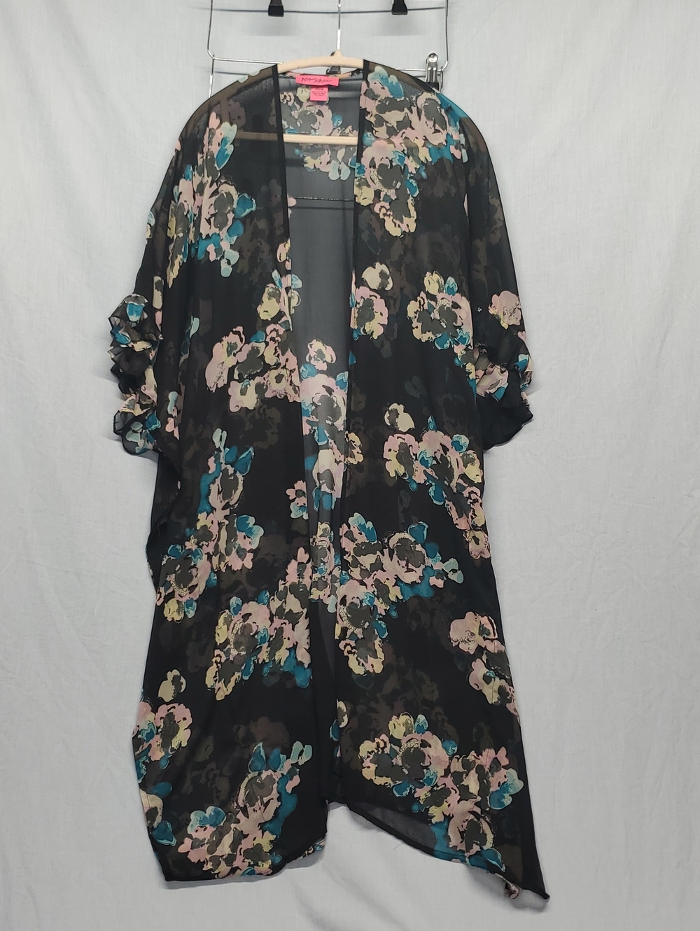 Betsey Johnson Black Sheer Floral Kimono with Teal & Pink Accents #266